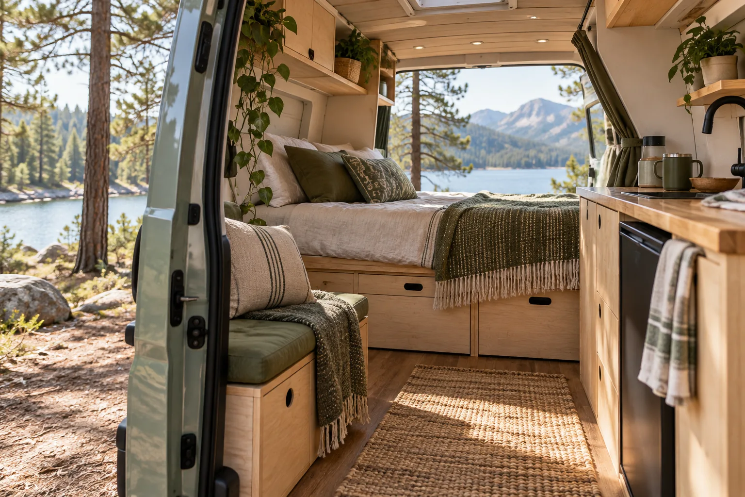 Illustrative compact campervan interior with bed and kitchenette
