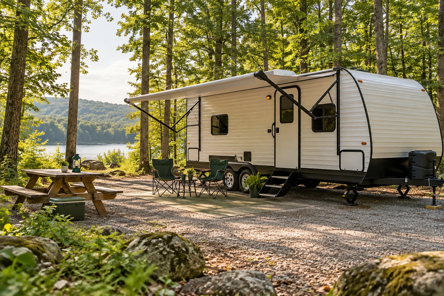 Illustrative travel trailer set up at a leafy campsite